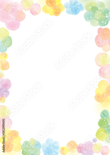 A white background with a frame of pale watercolor colorful circles