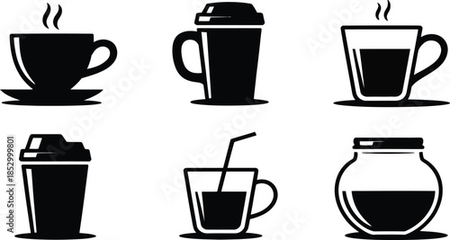 Minimalist Black and White Coffee and Beverage Container Icon Set
