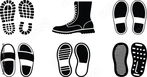 Minimalist Black and White Footwear Sole and Boot Icon Set Vector