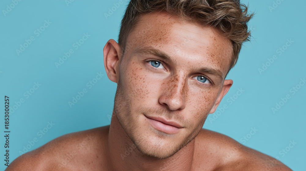Fototapeta premium Light freckles sprinkled on male skin with clarity, blue eyes, and short curly hair, showing natural beauty and calm expression against blue background