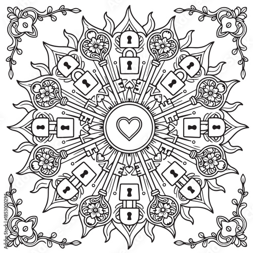 Intricate mandala with radiating keys, locks, and a central heart design for coloring