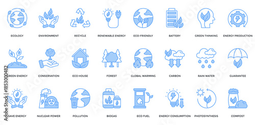 Ecology And Energy icon set. Containing ecology, environment, recycle, renewable energy, eco friendly, green energy, conservation icon. Lineal blue style