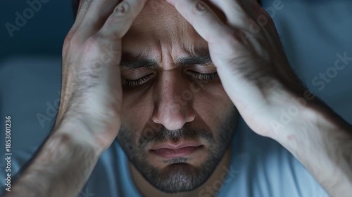 Emotional Struggle of Man Battling Insomnia, Fatigue and Anxiety During Nighttime Distress and Sleepless Nights