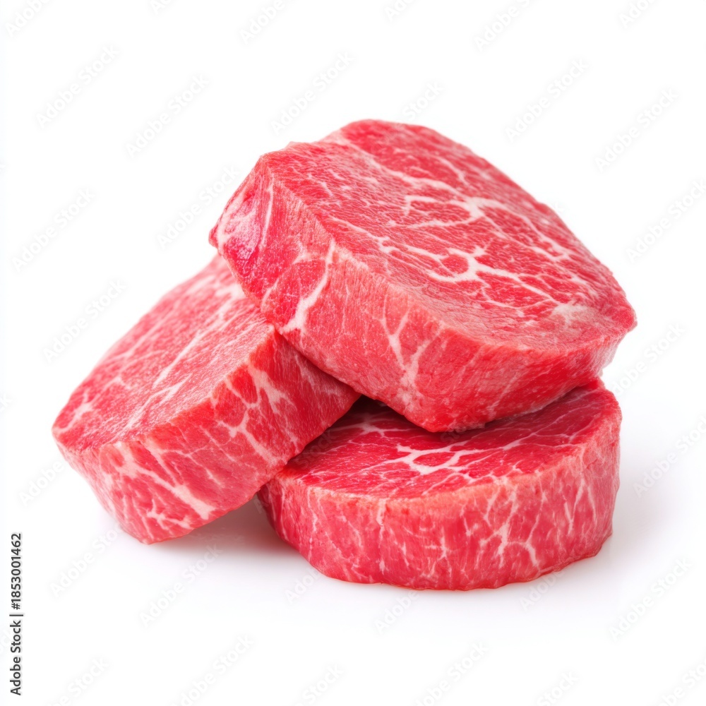 Fototapeta premium Fresh Premium Cuts of Bright Red Marbled Beef for Gourmet Cooking and Delicious Grilling