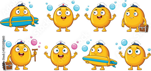 Cute sailor character set with surfboard treasure chest and bubbles illustrations.Cute sailor character set with surfboard treasure chest and bubbles illustrations.