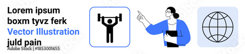 Fitness, professional guidance, global connectivity, education, teamwork, international relations. Weightlifter icon, educator and globe . Fitness and professional guidance in a global context