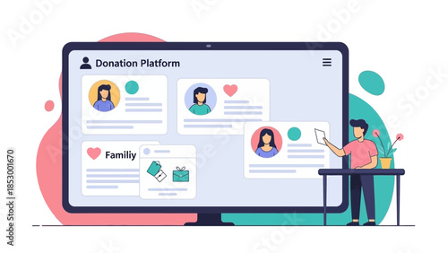 Illustration of a man presenting a donation platform on a large computer monitor with a colorful background and icons.