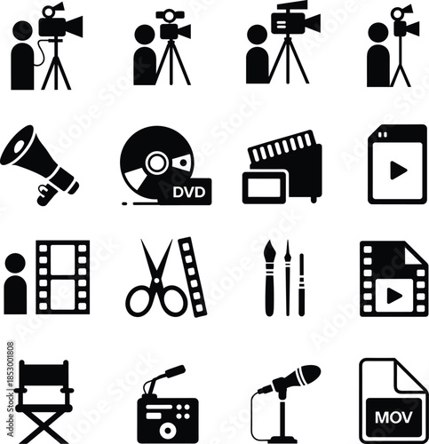 Video production and filmmaking icons set featuring camera operators editing tools media equipment recording symbols vector illustration collection