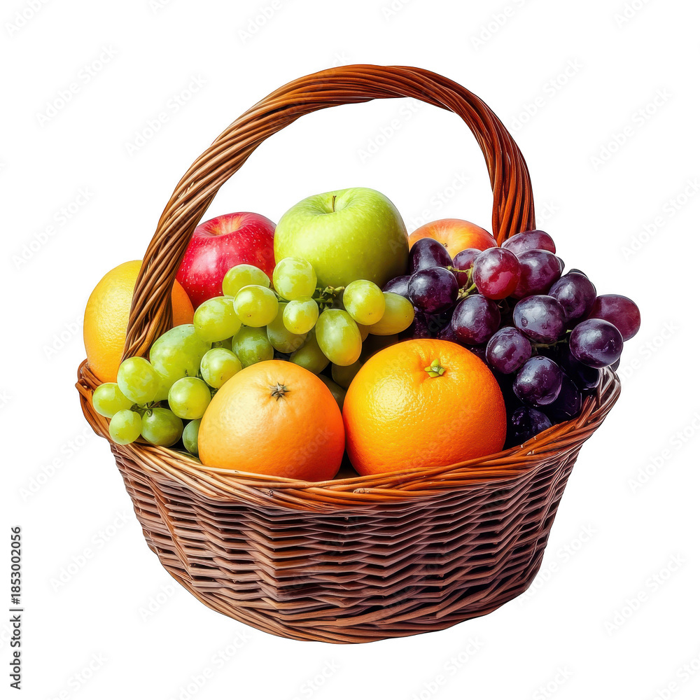 Naklejka premium A basket filled with assorted fresh fruits including apples. oranges. grapes. and green grapes. set against a plain white background. ideal for healthy lifestyle promotion and culinary use