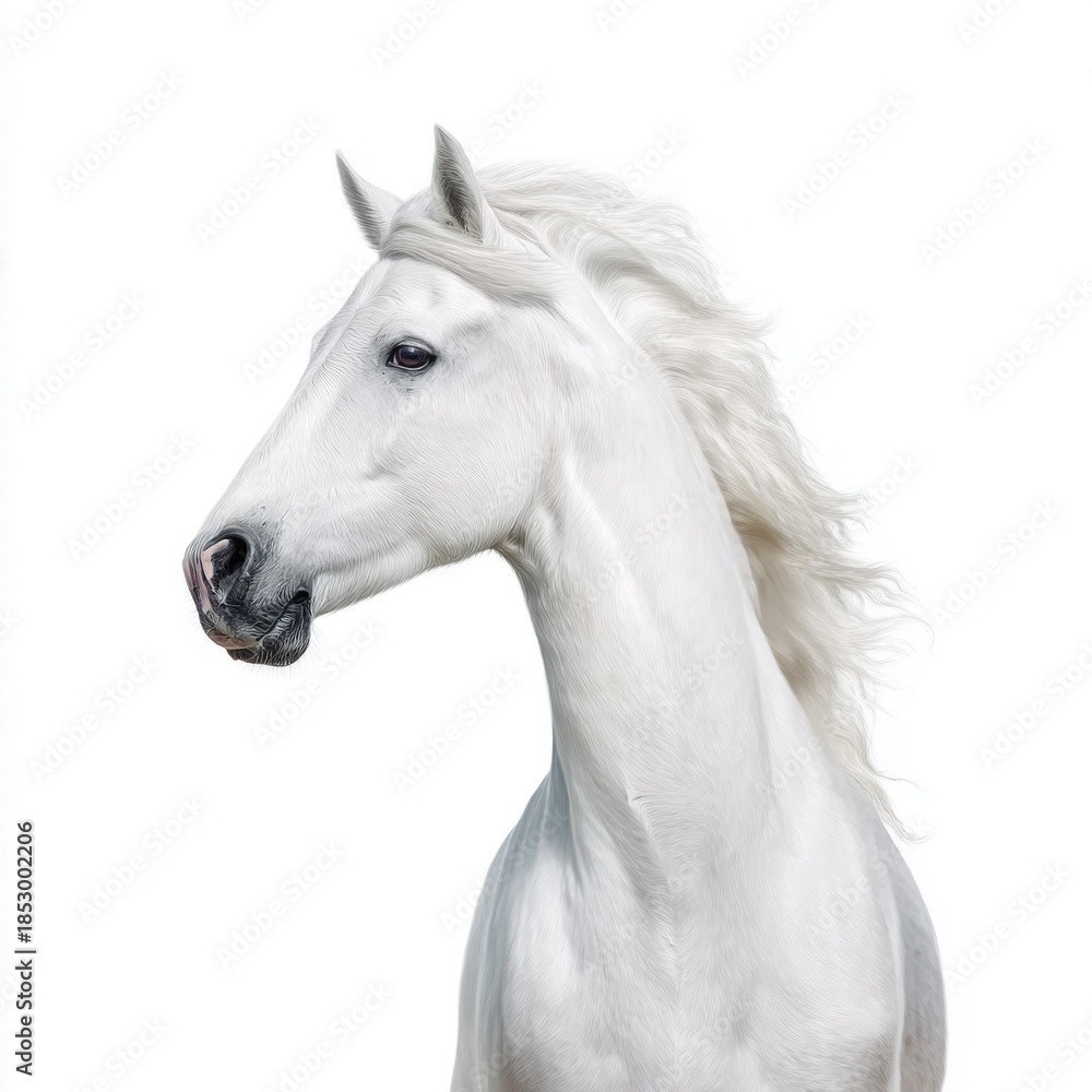 Fototapeta premium Graceful White Horse with Flowing Mane Captured in Stunning Detail in Natural Light Setting