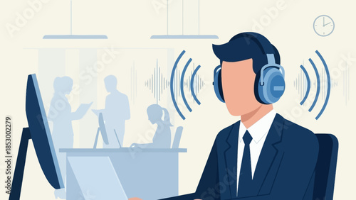 Illustration of a businessman wearing headphones while working at a computer in an office setting with sound waves around him.