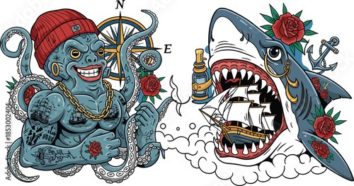 Detailed nautical tattoo style vector of aggressive shark with sailing ship in mouth and tattooed octopus wearing beanie with roses and compass