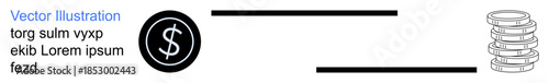 Finance, payment systems, economy, wealth distribution, data diagrams, monetary flow. Black dollar icon with connecting lines to stacked coins. Finance and payment systems visualization