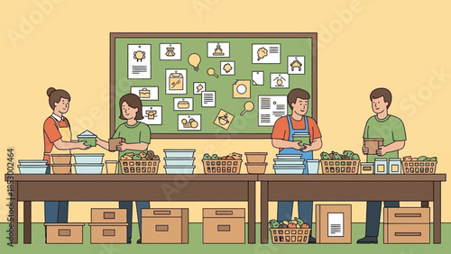 Illustration of four people packing and sorting food donations into boxes at a table with a bulletin board in the background, conveying a sense of community service and organization.