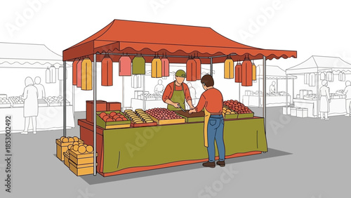 Illustration of a vendor and customer at an outdoor market stall selling fresh produce under a red canopy with colorful hanging decorations.