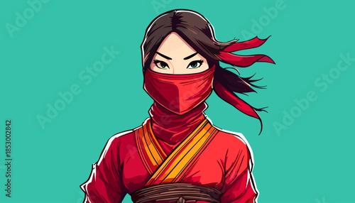 Intense Ninja Woman with Red Mask and Determined Gaze.