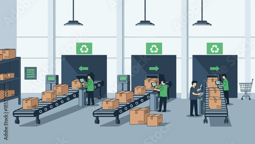 Illustration of workers in green vests operating conveyor belts with cardboard boxes in a warehouse with recycling symbols and large windows.