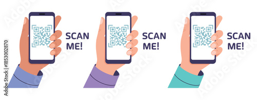 Scan QR Code with Smartphone Vector Set, Hand Holding Mobile Phone with QR Scanner for Digital Business, Internet Payment, and Customer Service Concept