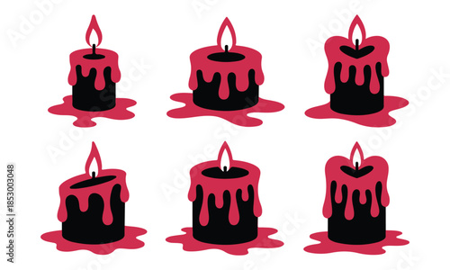 Set of six red candles with dripping wax