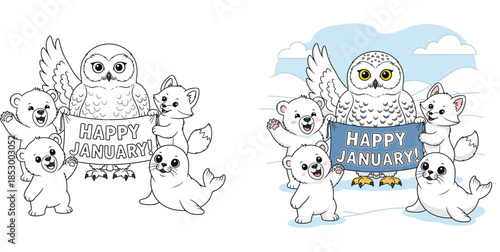 Cute cartoon arctic animals holding Happy January banner. Snowy owl, polar bears, fox, and seal characters welcoming new year month vector illustration.