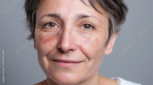 Realistic portrait showing mild patchy texture across cheeks and natural wrinkles on middle aged woman with short hair smiling gently against gray background