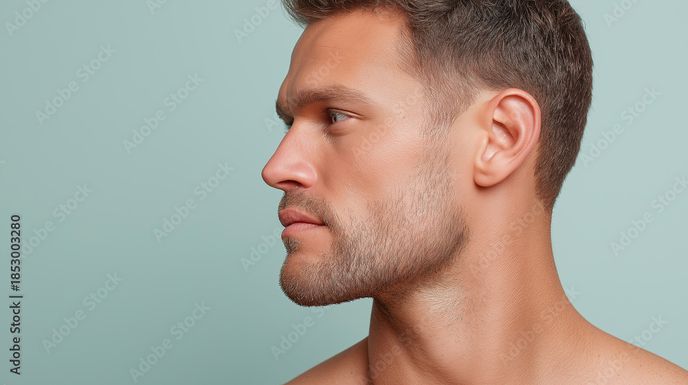 Fototapeta premium Realistic skin texture with sun kissed warmth across cheeks on young man with short hair and trimmed beard looking sideways against plain background