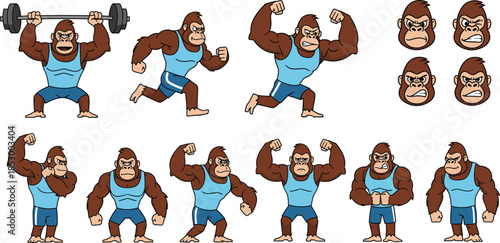 Set of strong muscular gorilla character mascots wearing blue gym outfits performing fitness exercises like weightlifting running and bodybuilding poses isolated on white
