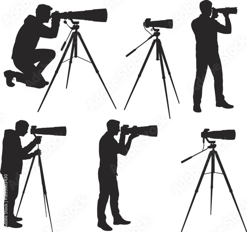 Wildlife photographer silhouettes using telephoto camera and tripod for nature photography observation media production vector illustration isolated set