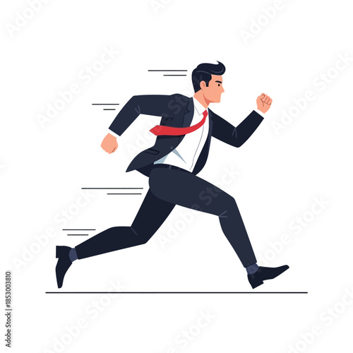 Dynamic businessman in a suit running swiftly towards success with a determined expression