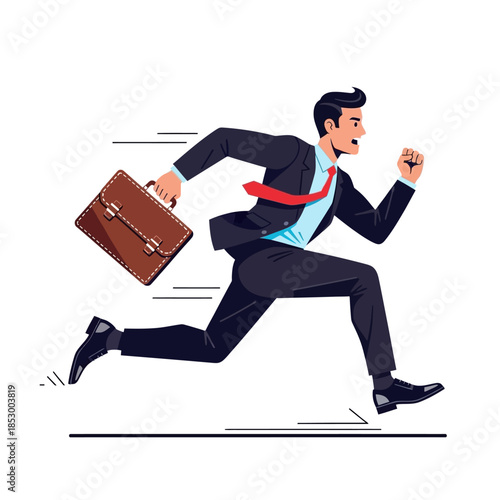Dynamic business professional sprinting with briefcase in hand illustrating urgency and