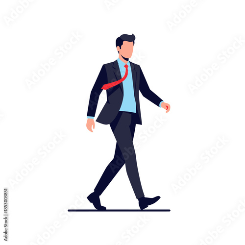 professional businessman walking confidently in formal attire with a red tie and dark suit