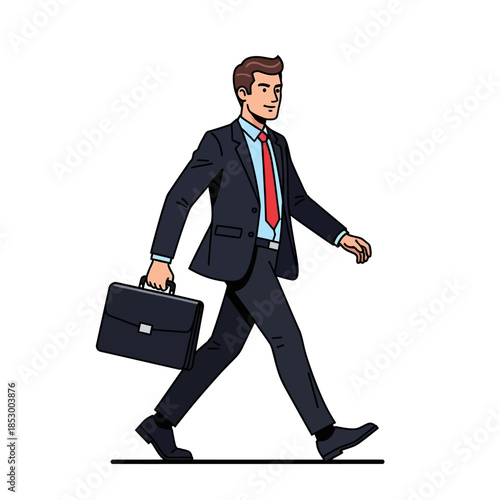 Professional businessman in a navy suit carrying a briefcase and walking confidently with purpose