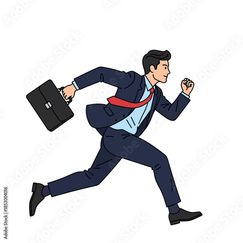 Energetic businessman in a navy suit with red tie running forward with briefcase in hand depicting
