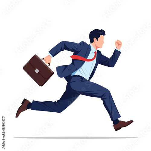 Dynamic professional businessman in navy suit rushing forward with briefcase and determined