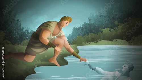 Narcissus gazing at his own reflection in the lake in Greek mythology