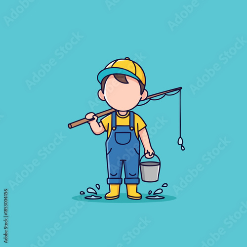 A charming cartoon depiction of a young angler ready for a day of freshwater fishing adventure on a vibrant cyan background, showcasing youthful