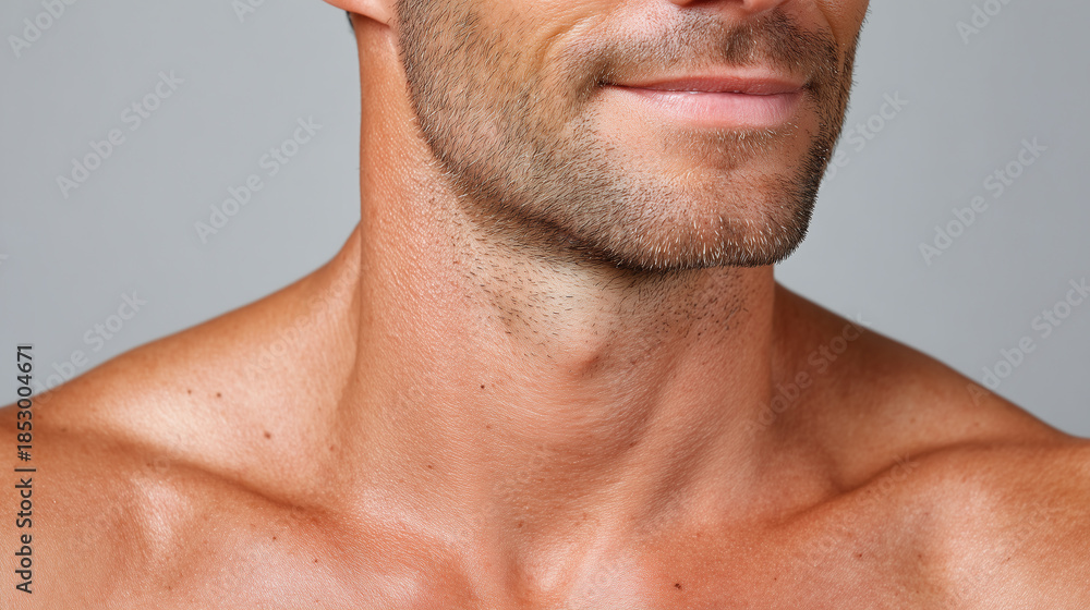 Obraz premium Male skin close up with tiny marks and imperfections on neck and shoulder, showing natural texture and slight facial hair, healthy and smooth skin under soft lighting