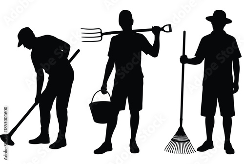 Silhouettes of men engaged in gardening isolated on white background, Vector, illustration