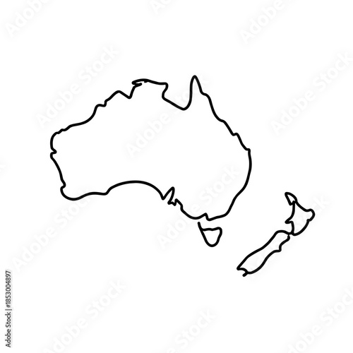 Minimal line icon of Oceania, featuring the outlines of Australia and New Zealand. Simple black contour map representing the geographical region of Oceania.