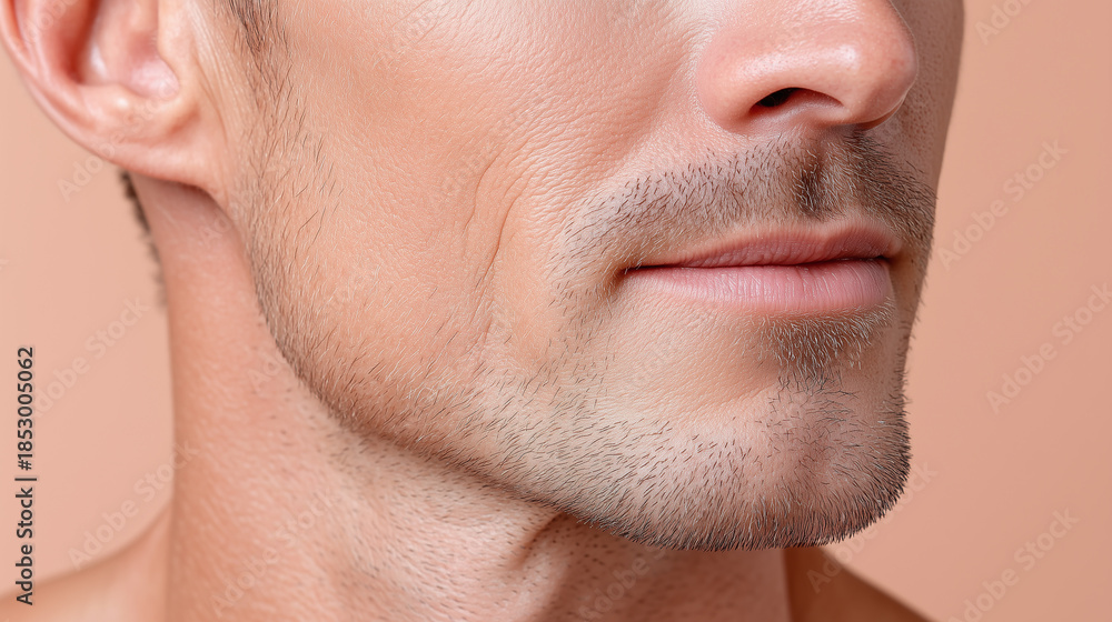 Obraz premium Ultra matte male jawline with subtle pore detail and soft facial hair on pastel peach background showing smooth skin texture and natural lip shape