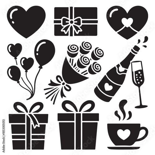 Romantic Valentine’s Day Love Icons Set – Hearts, Gifts, Roses & Champagne
