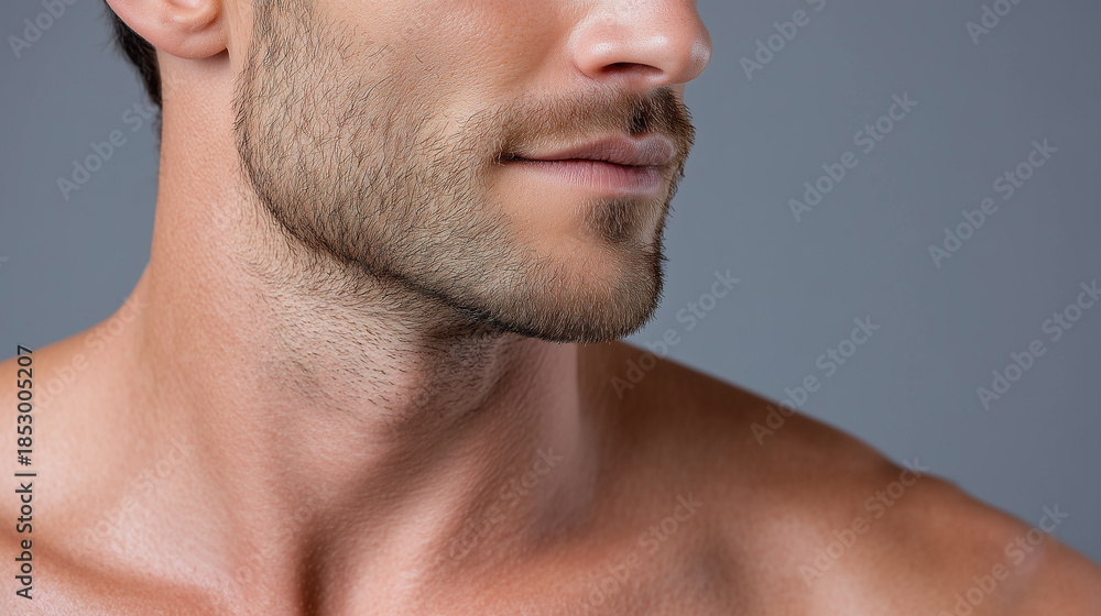 Obraz premium Velvety soft male skin with gentle gradient light grey studio background showing close up of jawline and neck with subtle facial hair and smooth texture, evoking calm and confidence