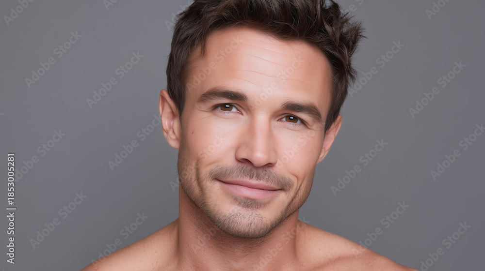 Fototapeta premium Young man face close up with warm radiance skin and soft contour highlights, smiling gently with short brown hair and light stubble on neutral gray background