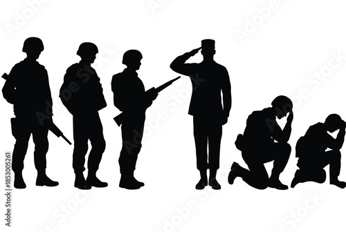 Silhouettes of soldiers in various poses isolated on white background, Vector, illustration