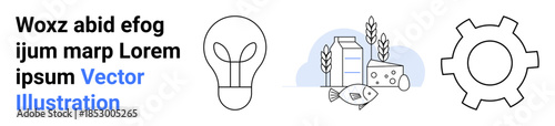 Light bulb with sprouting leaves, dairy products, fish, wheat, and a gear symbol. Ideal for sustainability, innovation, agriculture, industry eco-business renewable energy simple landing page