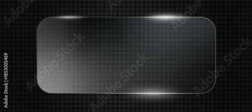 Rectangular glossy glass button with smooth rounded corners on dark background. Elegant transparent vector UI element with subtle reflections for modern tech interfaces, apps and digital panels