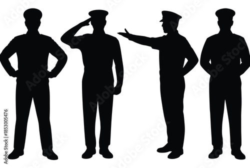 Silhouettes of military personnel in various stances isolated on white background, Vector, illustration