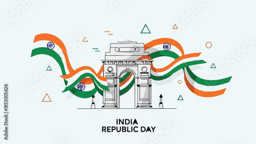 India Republic Day Line Art Vector Illustration with India Gate Monument and Waving Indian Flag Colors