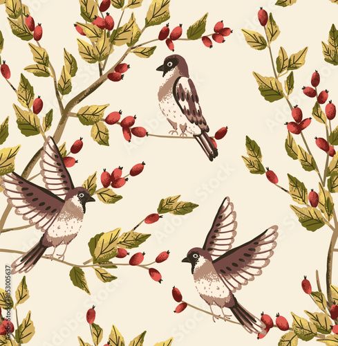 Botanical seamless pattern with rose hip berry and little sparrow bird on branch