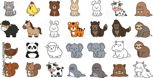 Large collection of cute kawaii cartoon animals including cat chicken bear rabbit cow walrus sheep horse tiger gorilla sloth panda elephant hippo